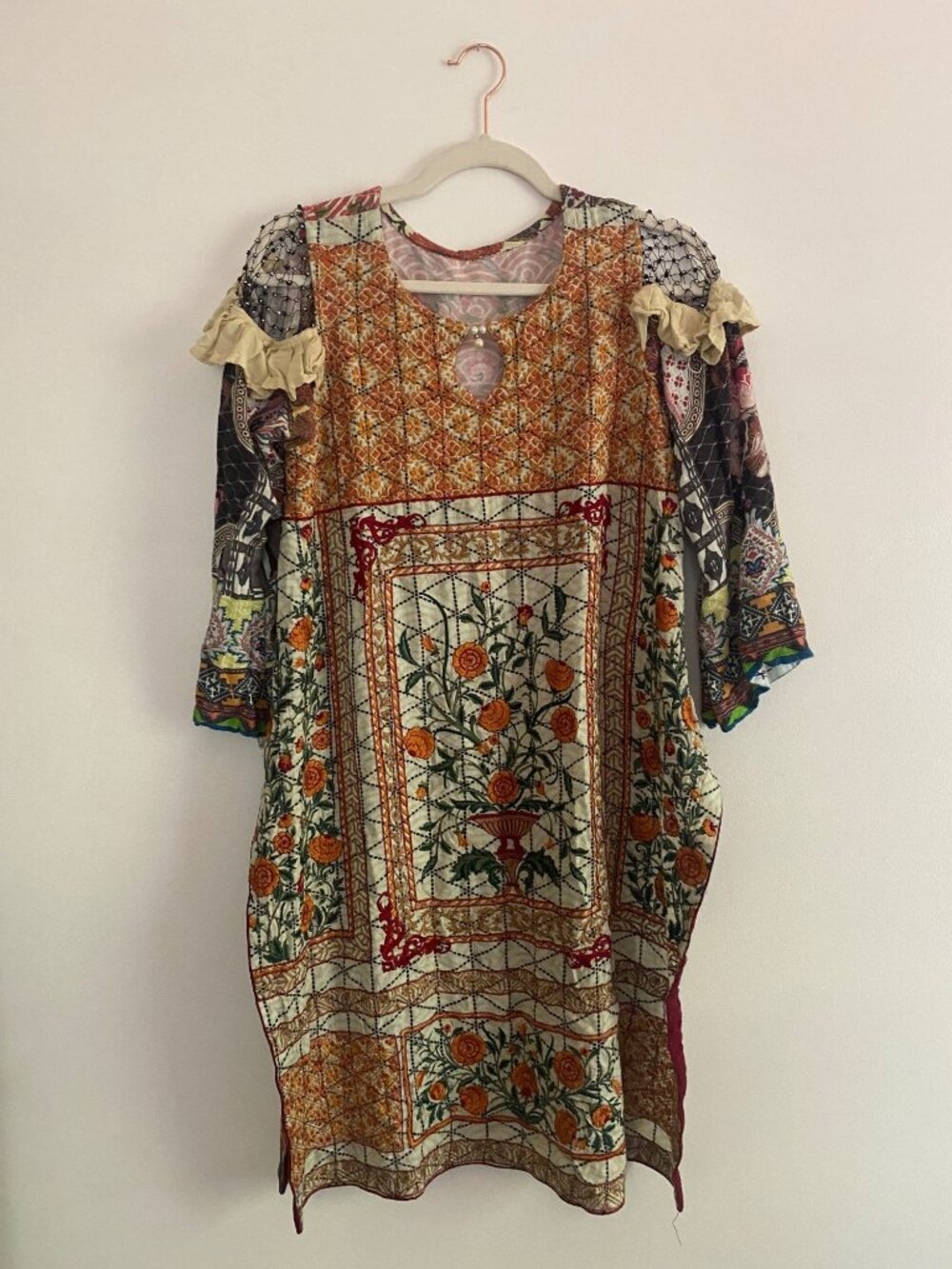 Boho Patchwork Pakistani Kurta Tunic Dress Floral Embroidery Ruffle Size S